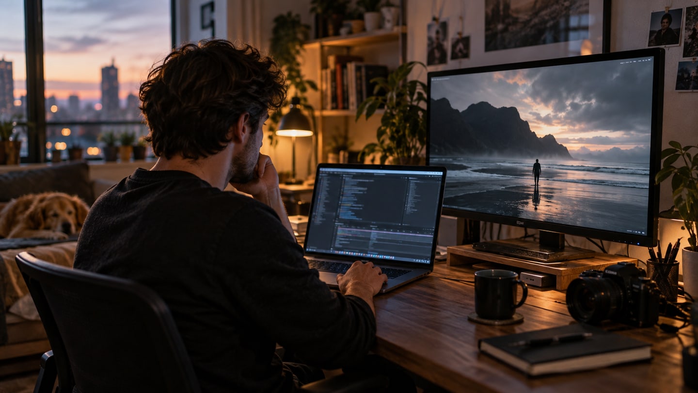 A developer at a laptop with code, a generated frame on the monitor