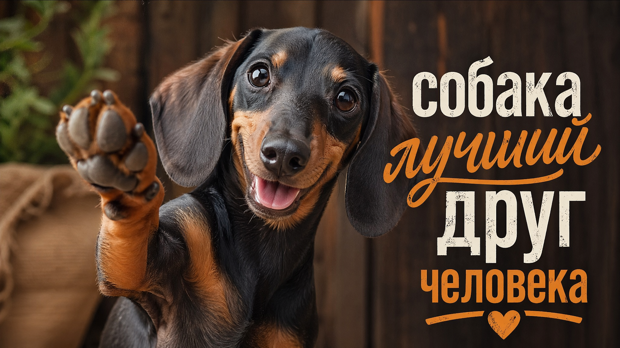 Такса с подписью собака лучший друг человека